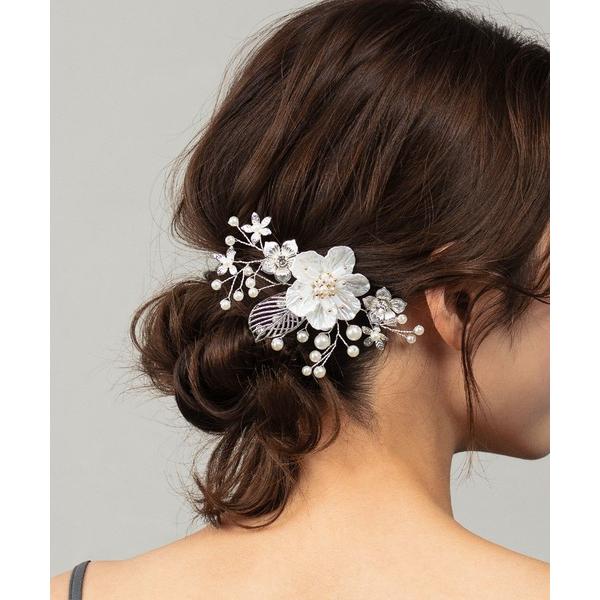 ヘアクリップ フェイクパール ビーズ フラワーモチーフ ヘアクリップ 大きめ シルバー ハーフアップ...