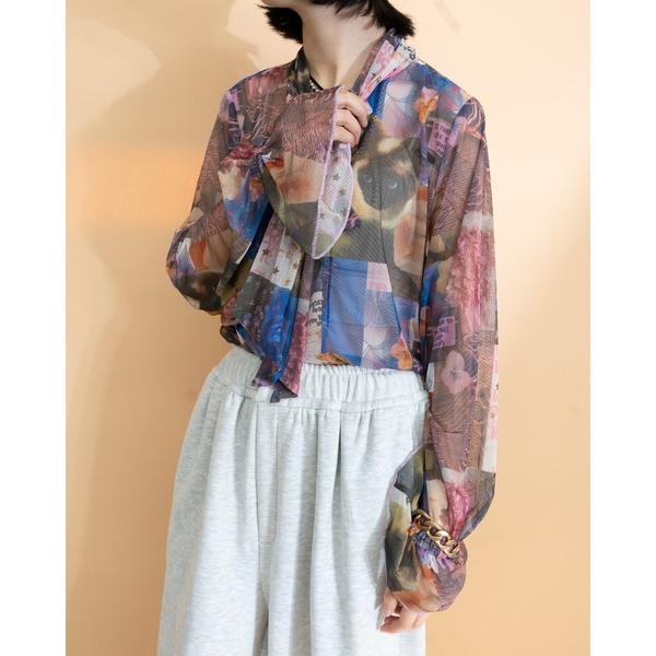 ブラウス シャツ Original print bow tie tops レディース