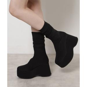 ブーツ スタイルぐんっとアップ！厚底ニットショートブーツ レディース