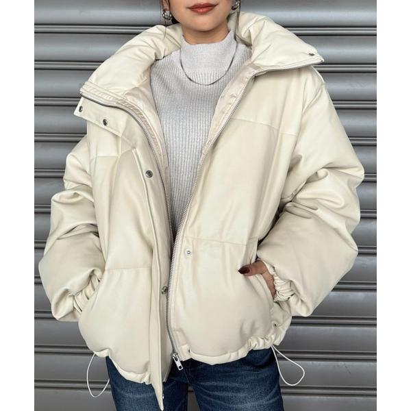 ダウンコート ダウンジャケット スタンドカラーフェイクレザー中綿ジャケット レディース