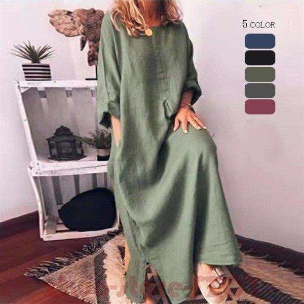 ワンピース ロングワンピース ロングワンピ レディース ロング丈 綿麻混風 長袖 Aライン 無地 ゆ...