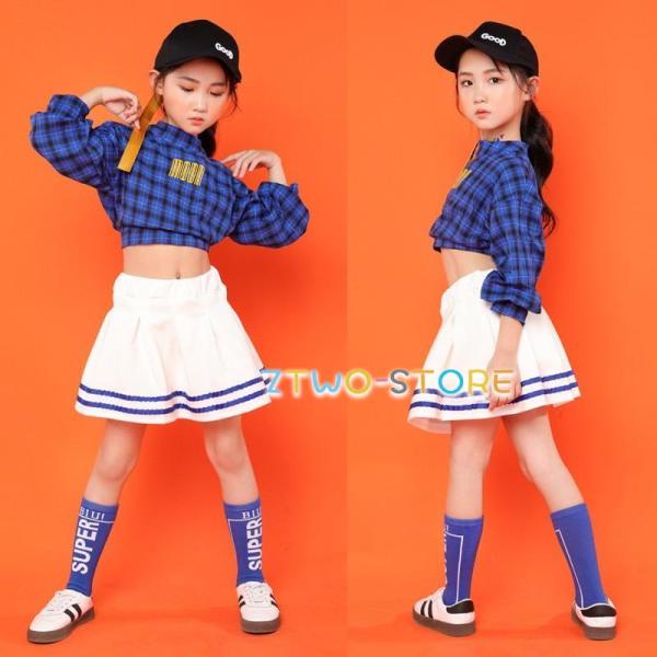 キッズ ダンス衣装 ヒップホップ HIPHOP チェック柄 トップス スカート 子供 女の子  ダン...