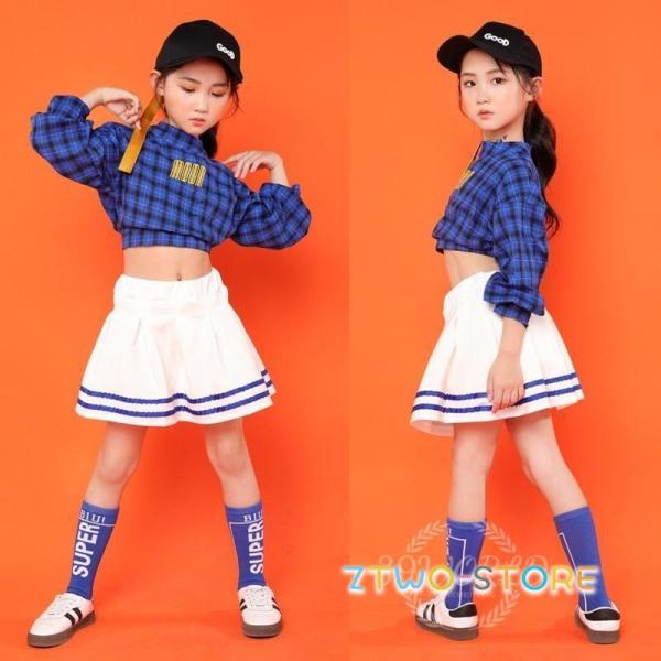 キッズ ダンス衣装 ヒップホップ HIPHOP チェック柄 トップス スカート 子供 女の子 ダンス...