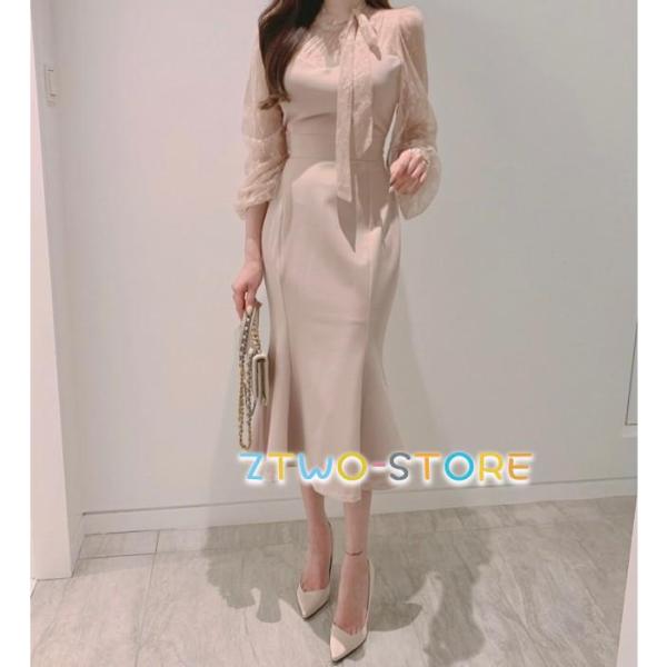 パーティードレス 結婚式 お呼ばれドレス マーメイドワンピース マーメイドドレス シアー袖 ボウタイ...