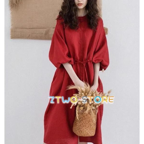 ワンピース レディース 五分袖 リネン風 シャツワンピース 夏 春 Aライン ウエストリボン ウエス...