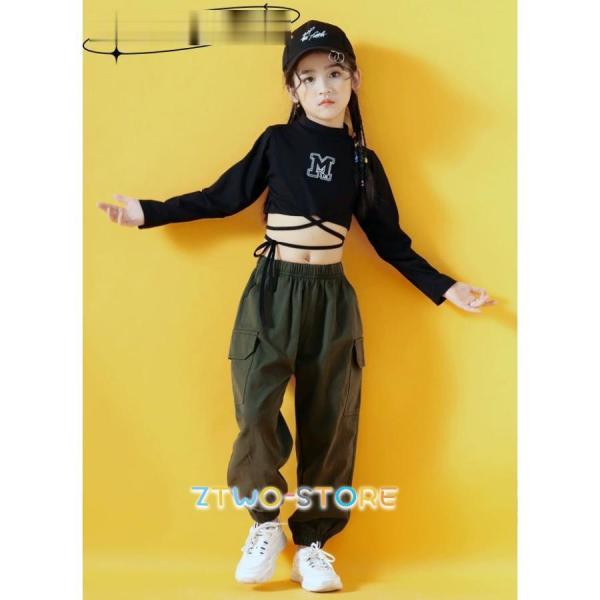 キッズダンス衣装 2点セット ヒップホップ トップス へそ出し サルエルパンツ hiphop 女の子...