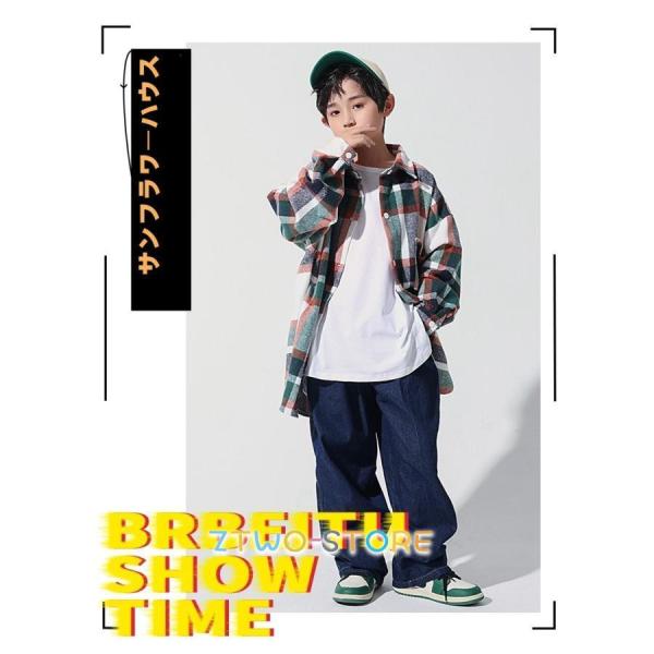キッズ ダンス 衣装 ヒップホップ セットアップ チェック柄 シャツ デニムパンツ 長袖シャツ ロン...