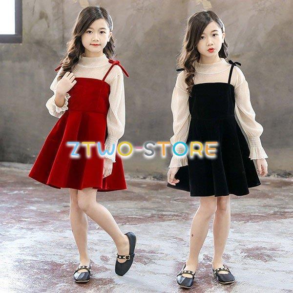 子供服 ワンピース キッズ 長袖 子供ドレス dress 女の子 秋着 2点セット 膝丈ワンピース ...
