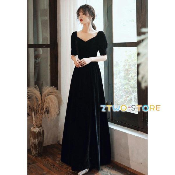 パーティードレス ロング 結婚式 お呼ばれドレス 黒 ロングドレス 演奏会 袖あり 半袖 大きいサイ...