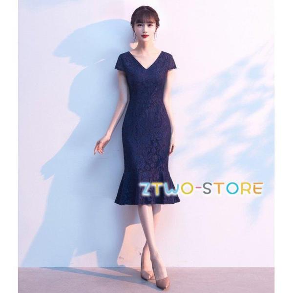 パーティードレス 結婚式 お呼ばれドレス 膝丈 タイト 袖あり 半袖 マーメイドドレス マーメイドワ...