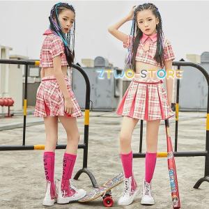 キッズ ダンス衣装 セットアップ ヒップホップ チェック柄 チアガール HIPHOP トップス スカート 女の子 長袖 子供 ステージ衣装 応援団 練習着｜ztwo-store