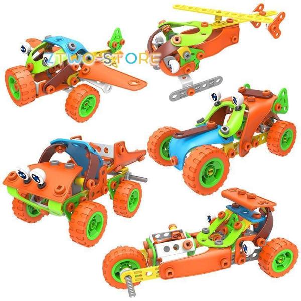 136ピース 組み立て 車 立体パズル 知育玩具 はたらく車 オモチャ ヘリコプター ブロック DI...