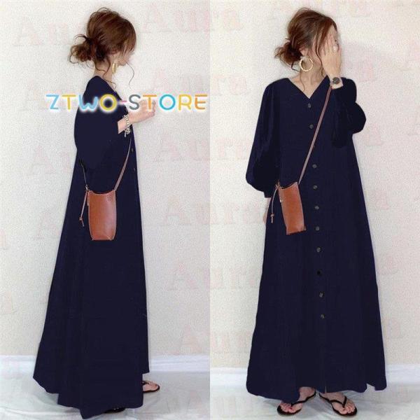 ワンピース レディース 春 秋 マキシワンピース 長袖 無地 緑 ロングワンピース きれいめ 腰括れ...