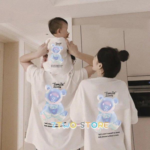 親子でお揃い Tシャツ 綿100％ クマ柄 親子ペアルック 親子ペア 親子コーデ ファミリー パパ ...