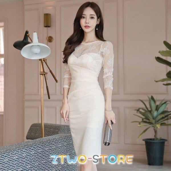 タイトワンピース 膝丈 長袖 レース袖 エレガント パーティー 二次会 ワンピースドレス 20代 3...