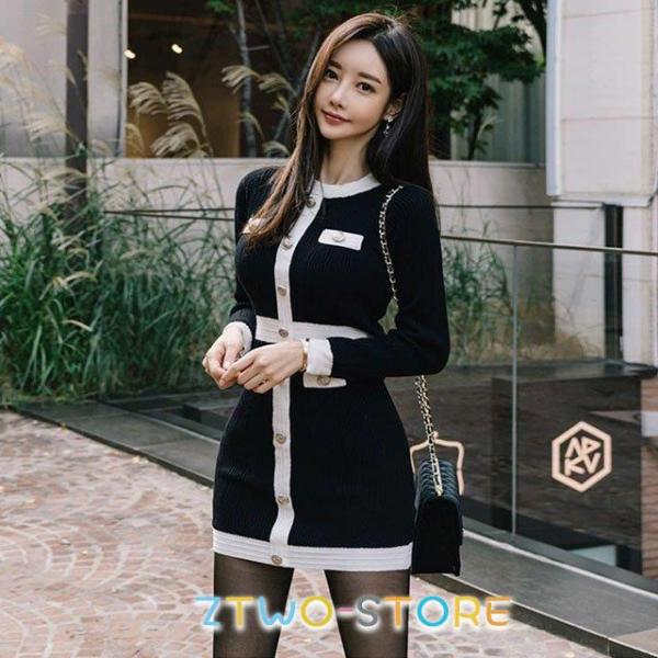 黒 ニットワンピース ミニ丈 長袖 春 秋 タイトワンピース ニット 20代 30代 ブラック ショ...