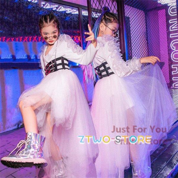 キッズダンス 衣装 子供服 ヒップホップ 女の子 白3点セット スカート ジャケット パンツ ガール...