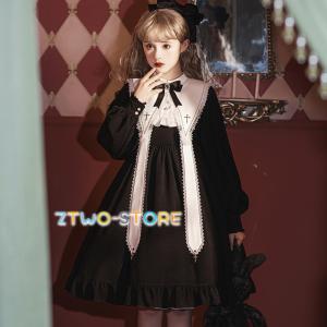 ワンピース 長袖レース フリル Lolita ドレスロリータ ゴシック ワンピース 秋冬 黒ロリ ゴ...