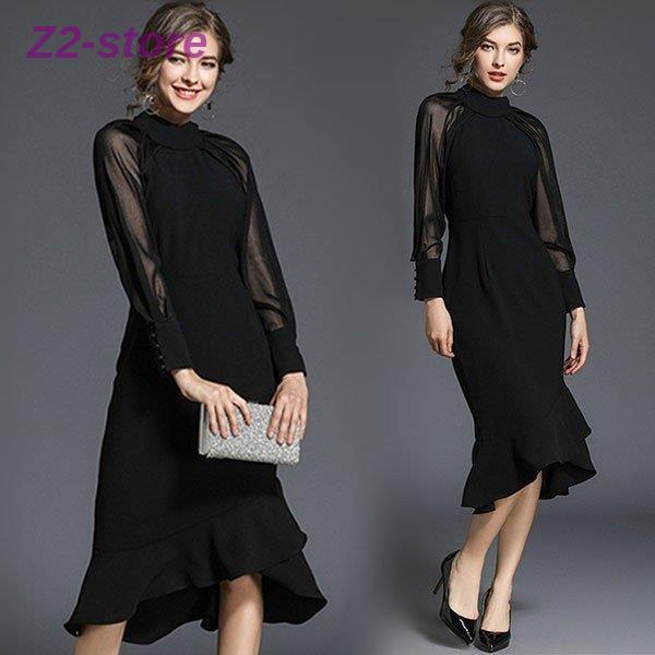 パーティードレス ワンピース ロング丈 結婚式 40代 長袖 立ち襟 フォーマルドレス シフォン お...