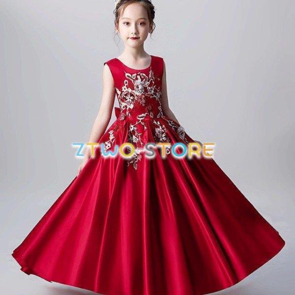 子供ドレス　ピアノ発表会ドレス　子供フォーマルドレス　フラワーガール　レッド ゴールド ネイビー　ホ...
