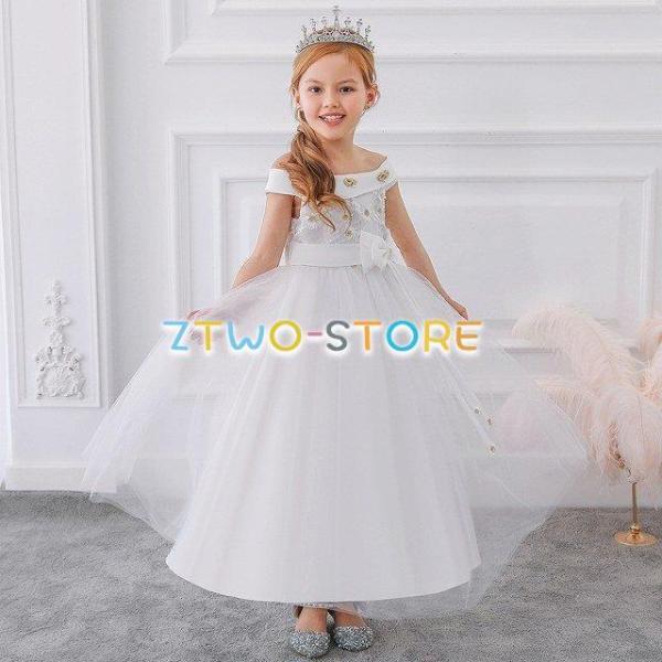子供ドレス　女の子ドレス　ピアノ発表会ドレス　子供フォーマルドレス　フラワーガール　ホワイト　シャン...