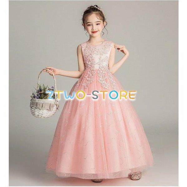 子供ドレス　ピアノ発表会ドレス　子供フォーマルドレス　フラワーガール　ピンクホワイト ブルー　ネイビ...