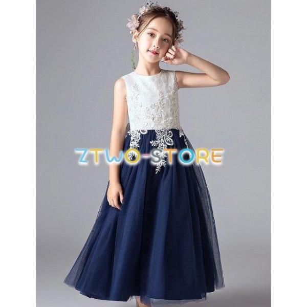 子供ドレス　ピアノ発表会ドレス　子供フォーマルドレス　フラワーガール　ネイビー　女の子花ドレス　プリ...