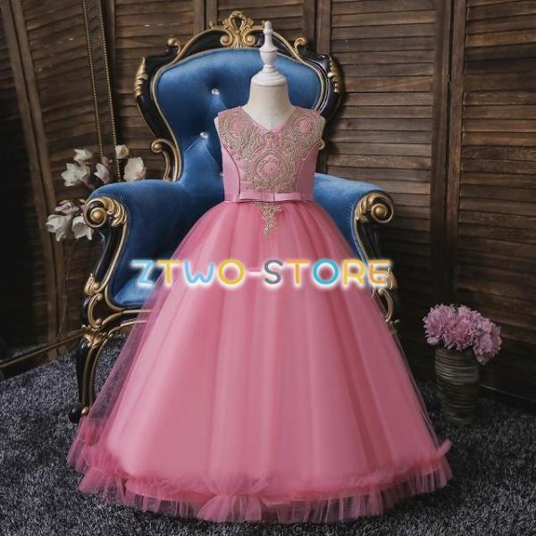 子供ドレス　ピアノ発表会ドレス　子供フォーマルドレス　フラワーガール　レッド　ブルー　ゴールド　ダー...