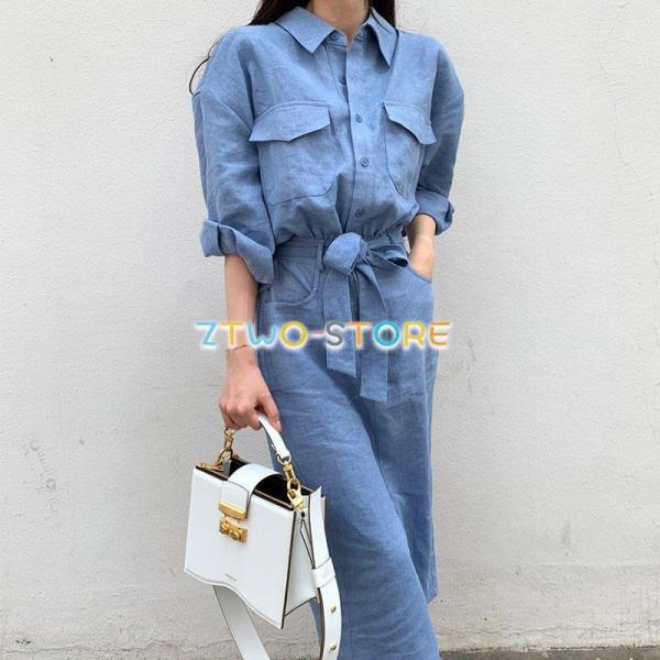 2色有り レディース ワンピース 長袖 ロング丈 シャツスカート ポロ襟 Aライン パフスリーブ 無...