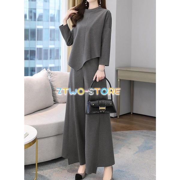 上下セット レディース ツーピース 長袖 アシンメトリー 裾変形 ラウンドネック 伸縮性ウエスト ワ...
