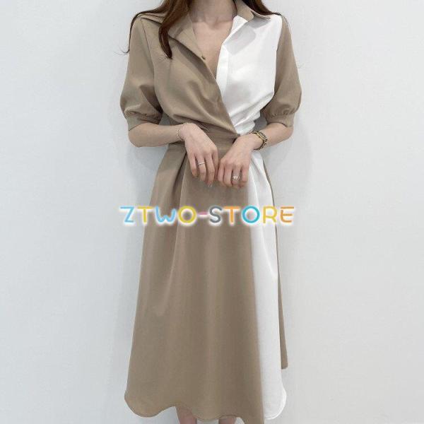 2色有り ワンピース レディース 5分袖 ミドル丈 ポロ襟 シャツスカート ランタンスカート 伸縮性...