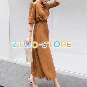 レディース ワンピース 長袖 ロング丈 シフォンドレス スタンドカラー プリーツスカート ウエストリ...