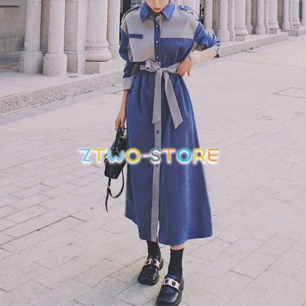 ワンピース レディース 長袖 ミドル丈 ポロ襟 シャツスカート ベルベットドレス Aライン ウエスト...