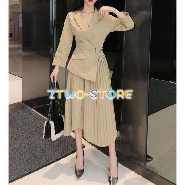 レディース ワンピース 長袖 ミドル丈 スーツスカート ツーピース風 プリーツドレス カーキ アシン...