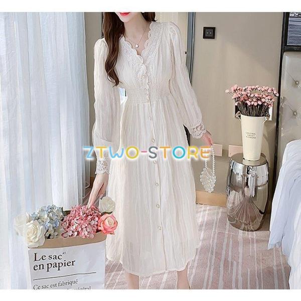 ワンピース レディース 長袖 Vネック Aライン ミモレ丈 レース 刺繍 伸縮性ウエスト スタイルア...