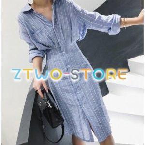 ワンピース レディース 長袖 ミドル丈 ポロ襟 シャツスカート ストライプ ブルー シャツワンピ シ...