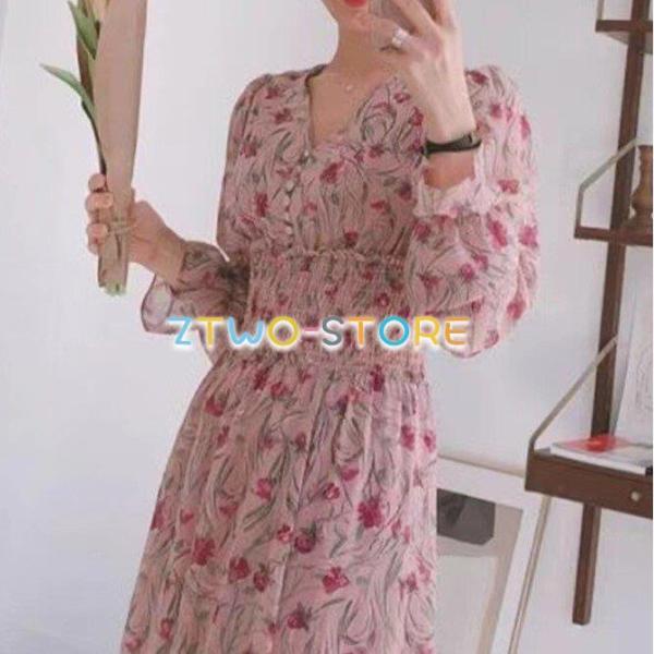 レディース ワンピース 長袖 ミドル丈 シフォンドレス Aライン Vネック 花柄 フローラルドレス ...