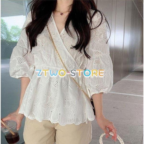 レディース ブラウス シャツ 七分袖 レース Vネック トップス ウエストマーク カシュクール ホワ...