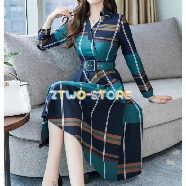 レディース ワンピース 長袖 ミドル丈 シャツワンピース Aライン Vネック プリーツ ステッチ ベ...