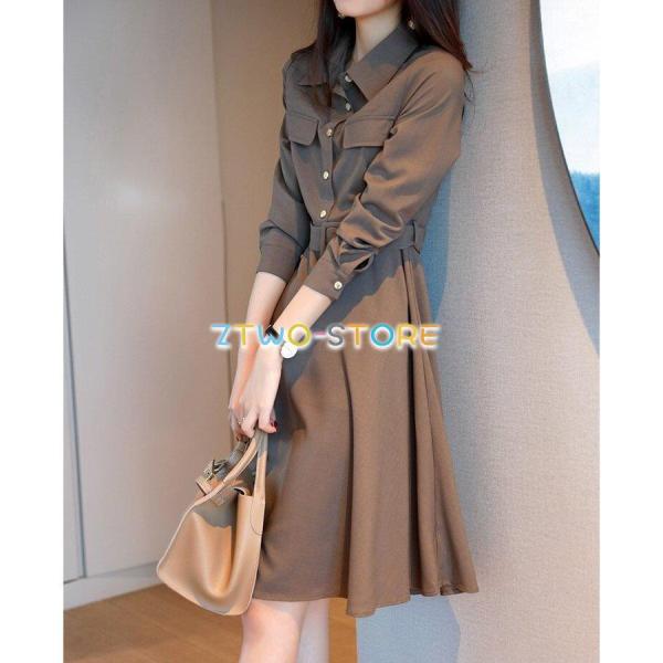 2色有り レディース ワンピース 長袖 ミドル丈 シャツワンピース シャツスカート 膝丈 ポロ襟 ボ...