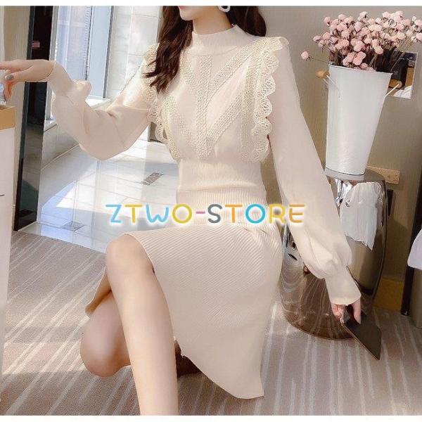 ２色有り ワンピース レディース 長袖 リブニット Aライン 膝上 ランタンスリーブ レース 清純 ...