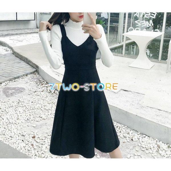 ２色有り レディース ジャンパースカート Aライン Vネック ハイウエスト フレア スエード風 背面...