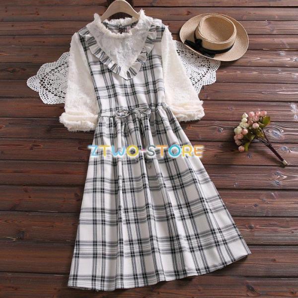 ２色有り ひざ丈ワンピース 森ガール チェック柄 レディース フリル Aライン 可愛い 切り替え キ...