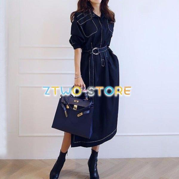 2色有り レディース ワンピース 長袖 ミドル丈 シャツワンピース シャツスカート 膝下 ポロ襟 ボ...