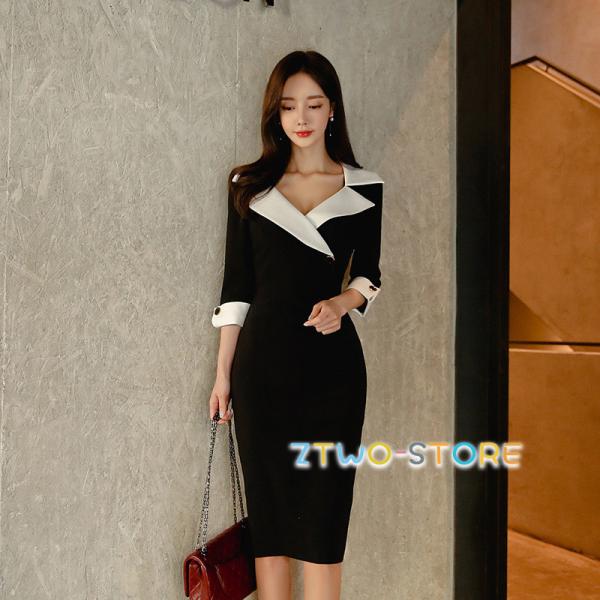 レディース ワンピース 長袖 ミドル丈 膝丈 襟付き スーツドレス タイトスカート カシュクール ス...