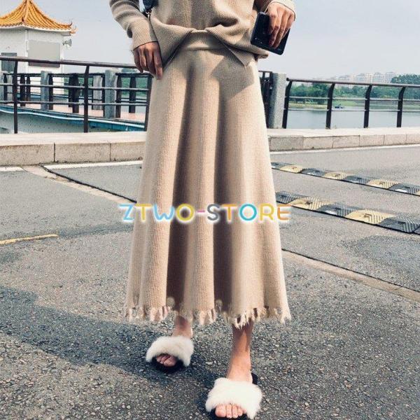 3色有り レディース スカート ニット Aライン ミドル丈 膝下 ハーフレングス ハイウエスト ウエ...