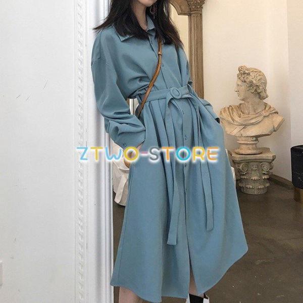 レディース ワンピース 長袖 シャツワンピース シャツスカートミドル丈 ポロ襟 ベルト 無地 上品 ...