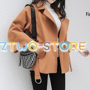 3色有り レディース コート ショート丈 長袖 ベルト ウエストマーク 襟付き ポケット ウールコー...