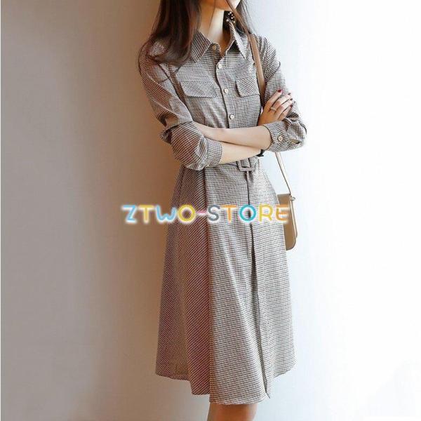 レディース ワンピース 長袖 ミドル丈 シャツワンピース シャツスカート Aライン チェック柄 ポロ...