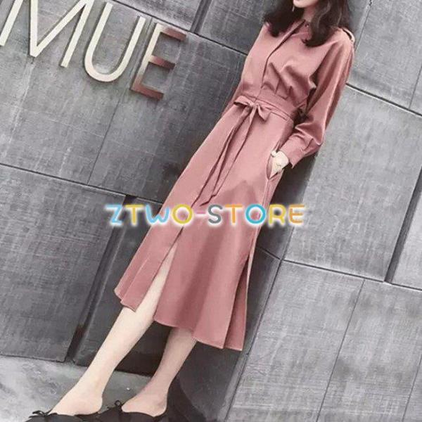 レディース ワンピース 長袖 ミドル丈 シャツワンピース シャツドレス 無地 ウエストマーク ベルト...